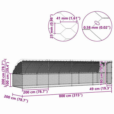 Kanahäkki Hopea 800 x 200 x 198.5 cm Galvanoitu teräs