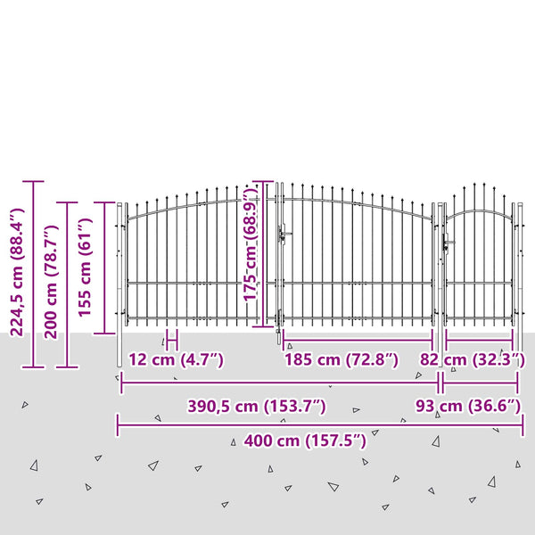 Puutarhaportti WOERDEN 175 x 400 cm Lukittava Teräs Harmaa