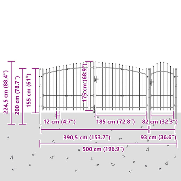 Puutarhaportti WOERDEN 175 x 500 cm Lukittava Teräs Harmaa