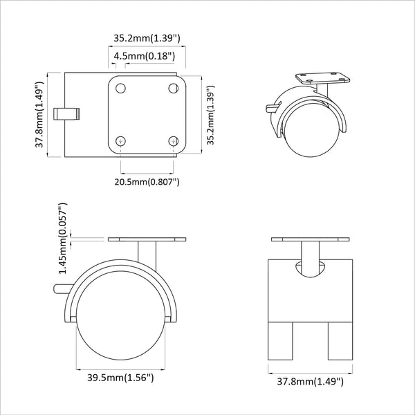 Kääntöpyörä 2 kpl Musta 39,5 x 39,5 x 37,8 mm
