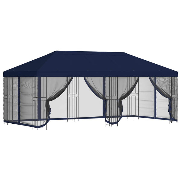 Paviljonki sivuseinillä 6 x 3 m Sininen Polyesteri ja teräs