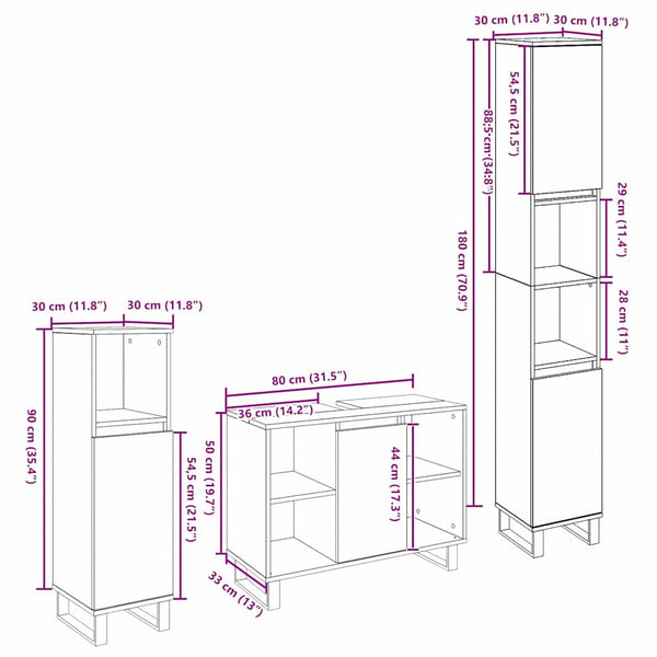 Kylpyhuonekalustesetti 3 kpl Ruskea 30 x 30 x 180 cm