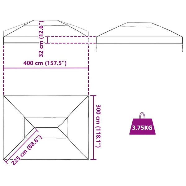 Gazebo-kannen vaihto 400 x 300 x 32 cm Läpinäkyvä