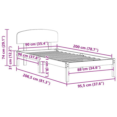 Ruskea sängyn runko päätyllä Ersilea 90x200cm (mänty)