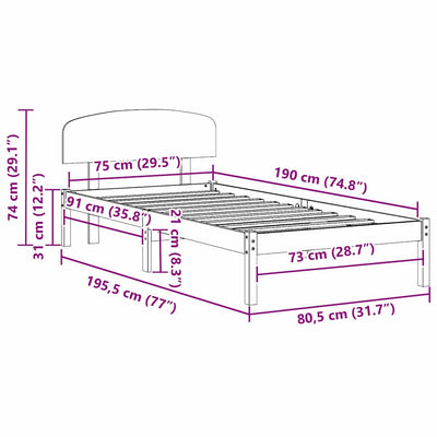 Ruskea sängyn runko päätyllä Tutulie 2FT6 Small Single (mänty)