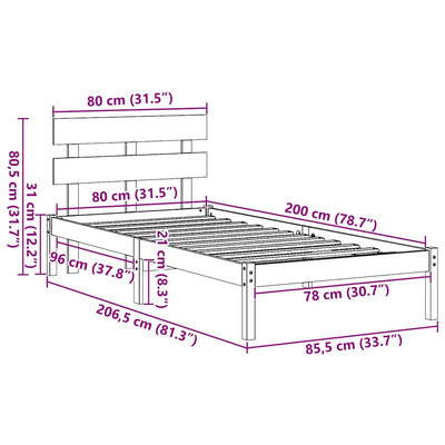 Ruskea sängyn runko päätyllä Michaiela 80x200cm (mänty)