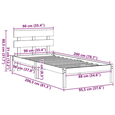 Ruskea sängyn runko päätyllä Gedeon 90x200cm (mänty)