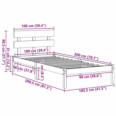 Ruskea sängyn runko päätyllä Crisalin 100x200cm (mänty)