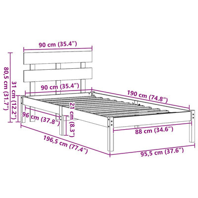 Ruskea sängyn runko päätyllä Iongel 3FT Single (mänty)