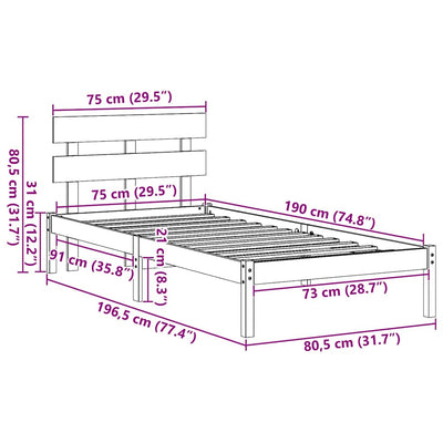 Ruskea sängyn runko päätyllä Borbala 2FT6 Small Single (mänty)