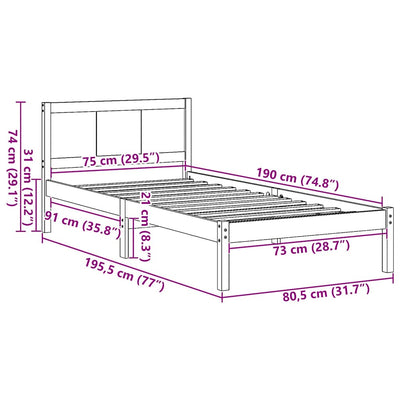 Ruskea sängyn runko Uzuna 2FT6 Small Single (mänty)