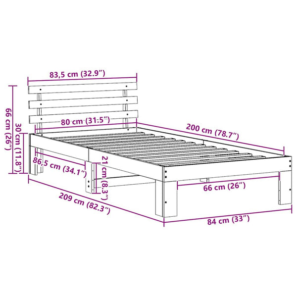 Massiivinen mänty sängyn runko 80 x 200 cm ruskea Vaha päätyllä