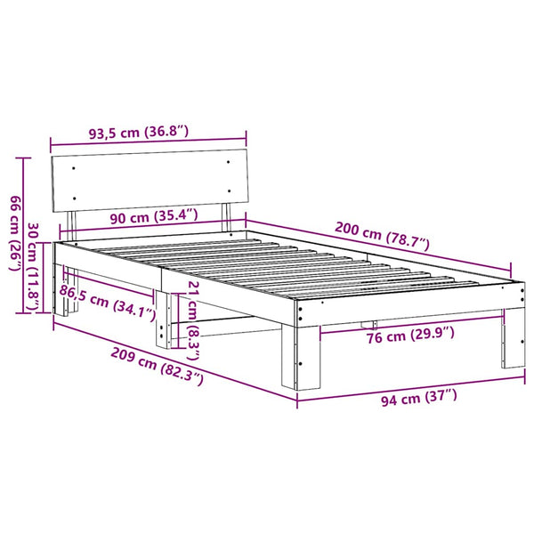 Mäntyinen sängyn runko 90 x 200 cm luonnollisella viimeistelyllä