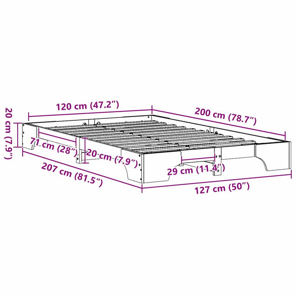 120 x 200 cm sängyn runko Luonnollinen Massiivinen mänty
