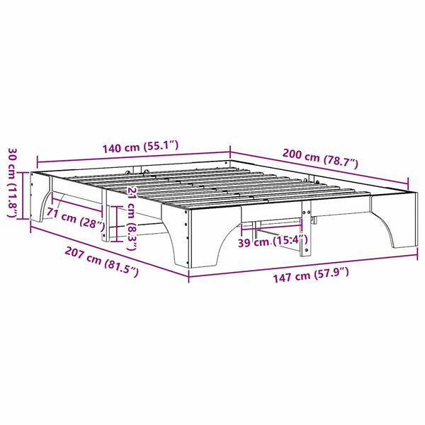 140 x 200 cm valkoinen sängyn runko massiivista mäntyä