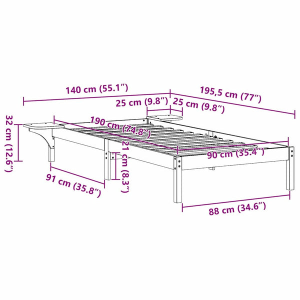 3FT Single Sängyn runko Massiivinen mänty Vaha ruskea