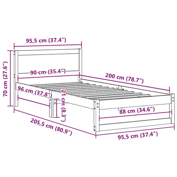 Sängyn runko 90 x 200 cm luonnollista massiivista mäntyä