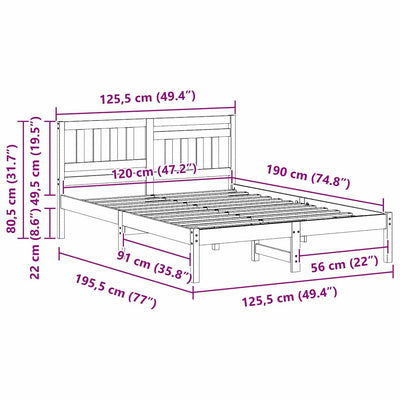 Vahanruskea sängyn runko päätyllä Simica 4FT Small Double (mänty)