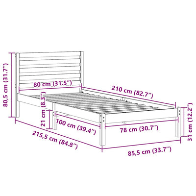 Sängyn runko päätyllä Vahanruskea 80 x 210 cm Täysi mänty