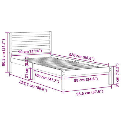 Sängyn runko päätyllä Vahanruskea 90 x 220 cm Täysi mänty