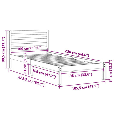 Ruskea sängyn runko päätyllä Alampia 100x220cm (mänty)