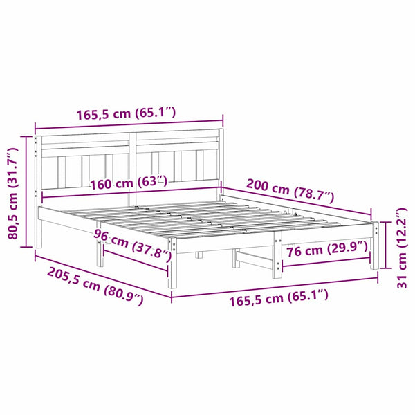160 x 200 cm massiivinen mänty sängyn runko ruskeana