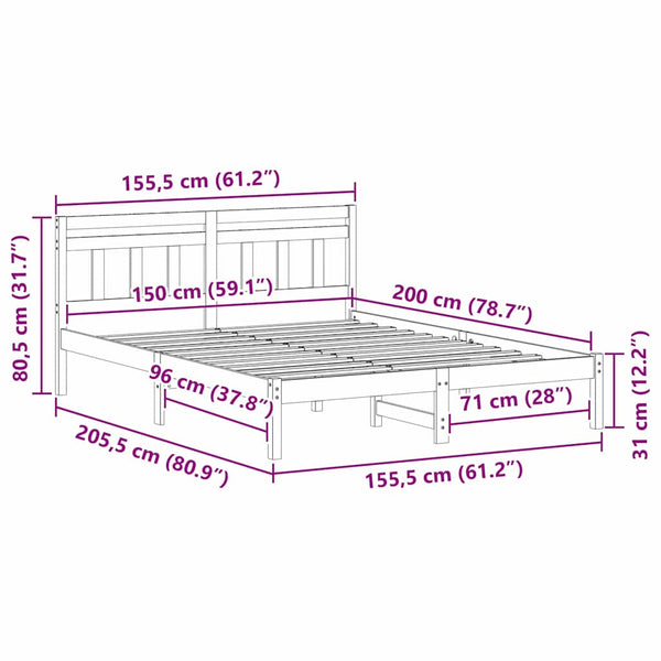 5FT King Size massiivinen mänty sängyn runko, ruskea