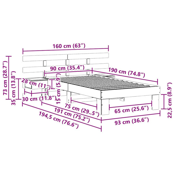 3FT Single massiivisen männyn sängyn runko ruskea pääty