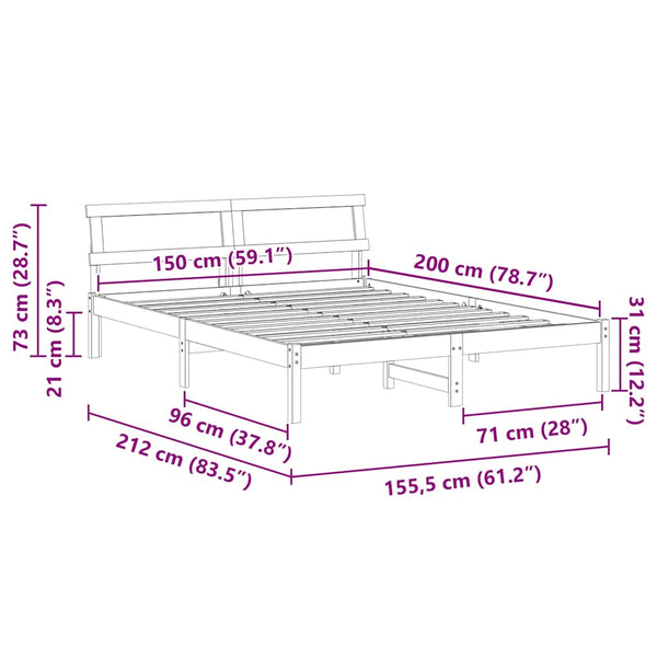 5FT King Size sängyn runko päätyllä Ruskea massiivinen mänty