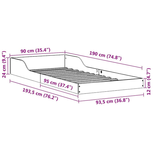 3FT Single sängyn runko Valkoinen Massiivinen mänty