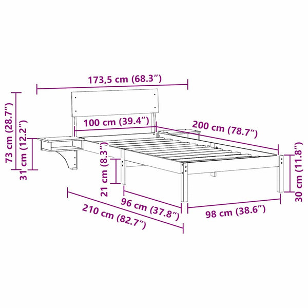 Vahattu ruskea sängyn runko 100 x 200 cm massiivista mäntyä