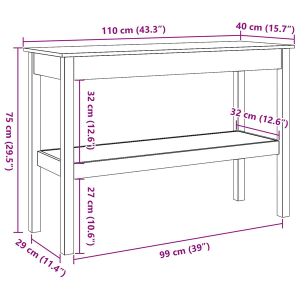 Konsolipöytä hyllyllä Vahanruskea 110 x 40 x 75 cm Täysi mänty