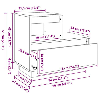 Vahanruskea yöpöytäkaappi Illya 60x34x51cm (mänty)