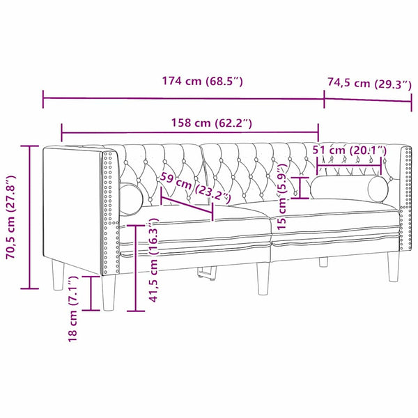 Sohva Musta 174 x 74,5 x 70,5 cm Sametti