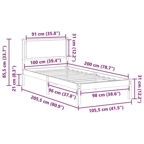 100 x 200 cm sängyn runko Vaaleanharmaa Massiivinen mänty