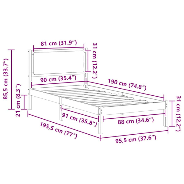 3FT Single Massiivinen mänty Sängyn runko Harmaanruskea
