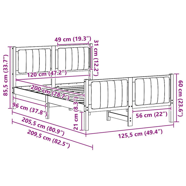 120 x 200 cm sängyn runko ruskea ja tummanharmaa Täysi mänty