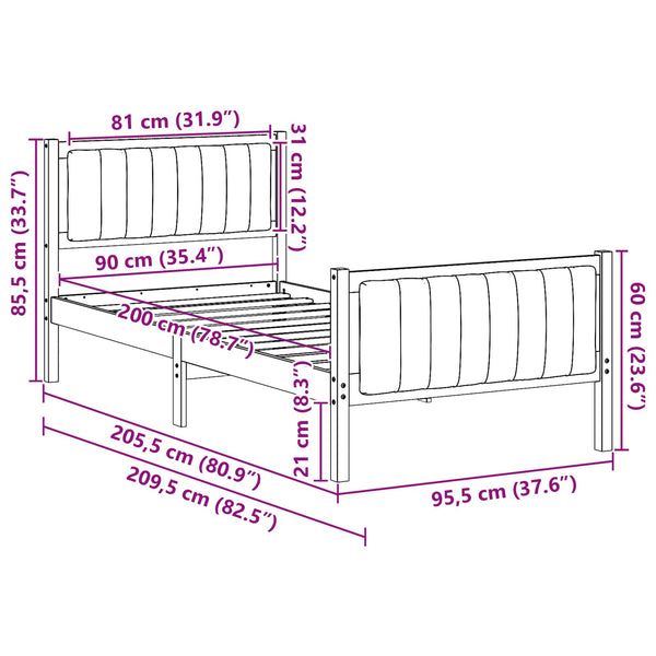 Mitat 90 x 200 cm, ruskea ja tummanharmaa sängyn runko, materiaalina täysmänty