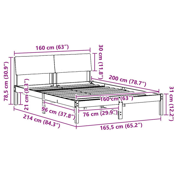 160 x 200 cm sängyn runko Täysi mänty, värit ruskea ja vaaleanharmaa
