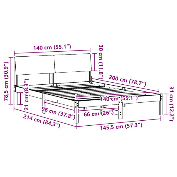 140 x 200 cm sängyn runko päädyllä, täysmänty, ruskea ja musta
