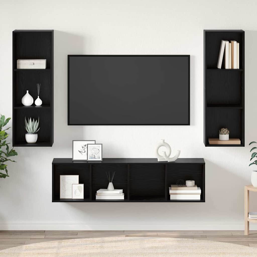 Seinäkiinnitettävä TV-tasosetti 3 pcs Musta tammi. Tekninen puu