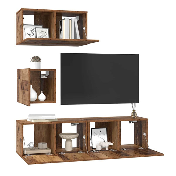 Seinäkiinnitettävä TV-tasosetti 4 pcs Vanha puu Tekninen puu