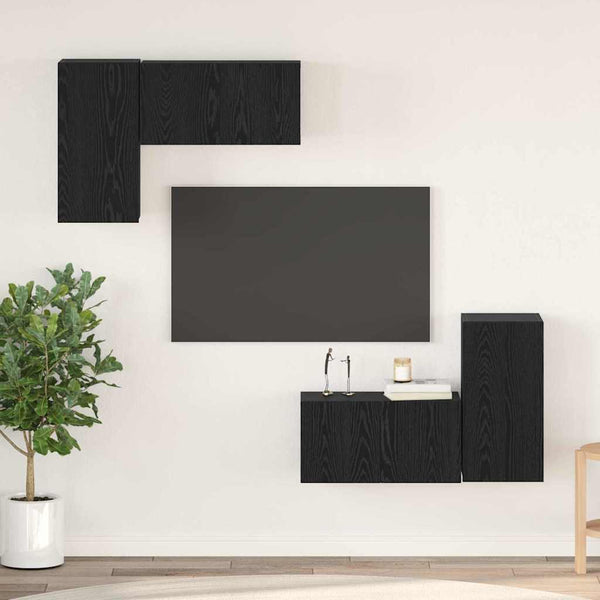 Musta tammi Seinäkiinnitettävä TV-tasosetti 4 pcs. Tekninen puu