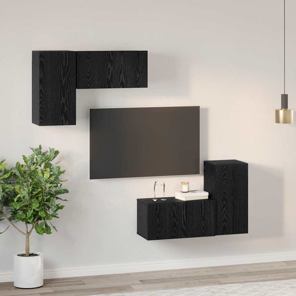 Musta tammi Seinäkiinnitettävä TV-tasosetti 4 pcs. Tekninen puu