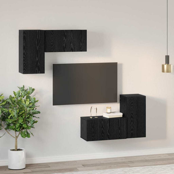 Musta tammi Seinäkiinnitettävä TV-tasosetti 4 pcs. Tekninen puu