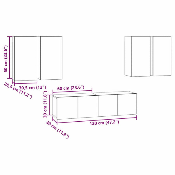 TV-tasosetti 6 osaa Seinäkiinnitettävä Musta tammi. Tekninen puu