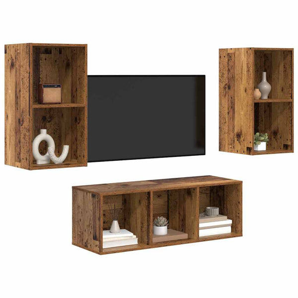 Vanha Puu Tekninen puu Seinäkiinnitettävä TV-tasosetti 3 pcs