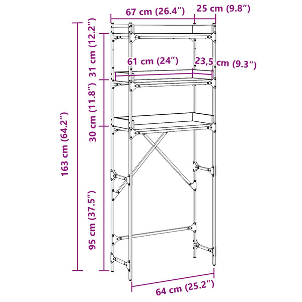 Pesukoneen hylly Musta 0ak 67 x 25 x 163 cm Tekninen puu