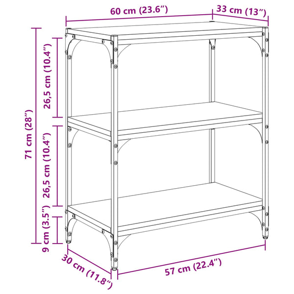 Kirjahylly 3 tasoa 60 x 33 x 70,5 cm Hienosahattu puu ja rauta