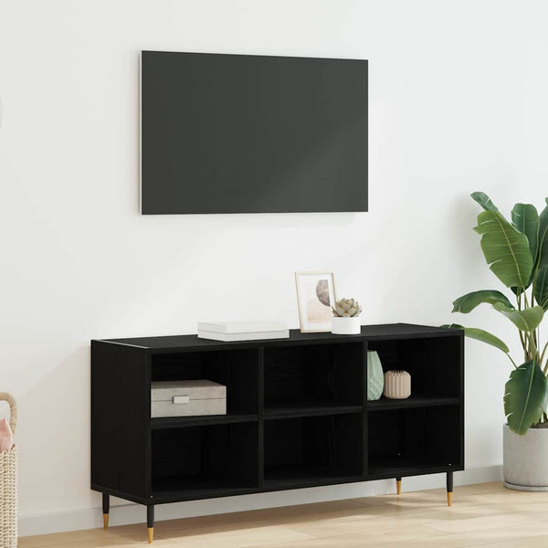 Mustasta tammesta valmistettu TV-kaappi. Mitat 103,5 x 30 x 50 cm, materiaali Tekninen puu.